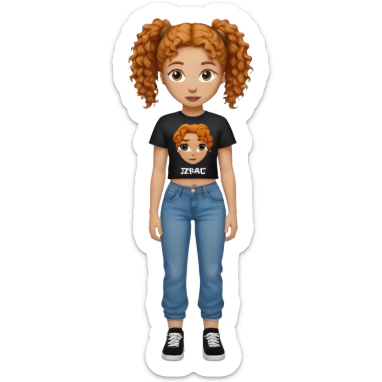 Girl with ginger curly hair in a ponytail with a tupac shirt and loose jeans sticker