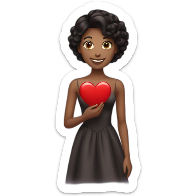  20 year old woman with brown skin wearing a formal dress, black hair, smiling and holding a red heart sticker