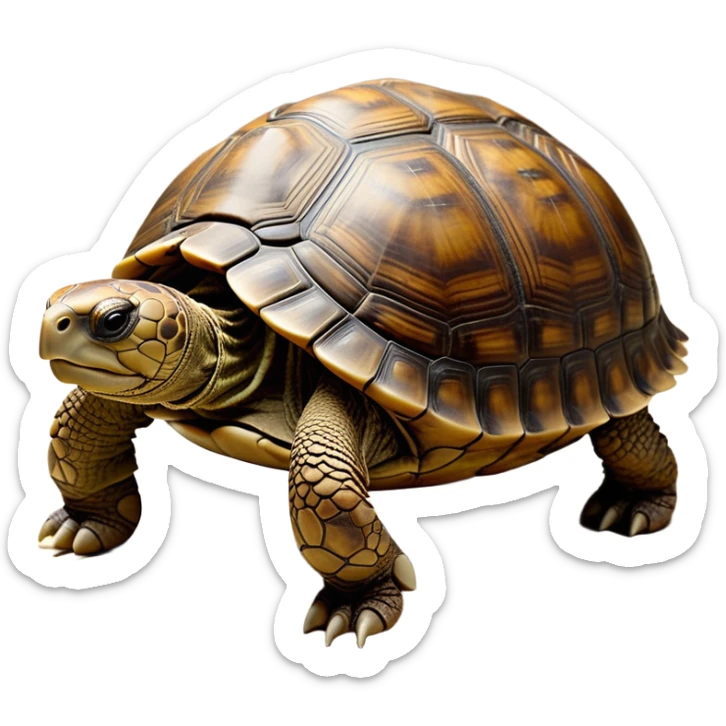 cinematic-tortoise-realistic-full-body-walking-emoji,-sturdy-domed-shell-in-rich-earthy-tones,-thick-scaled-legs-moving-slowly-but-deliberately,-wrinkled-wise-face-peering-ahead-with-calm-determination,-small-dark-eyes-reflecting-centuries-of-patience,-textured-leathery-skin-contrasting-with-the-hardness-of-its-shell,-simplified-yet-realistic-focused-features,-highly-detailed,-glowing-with-an-ancient-earthy-warmth sticker