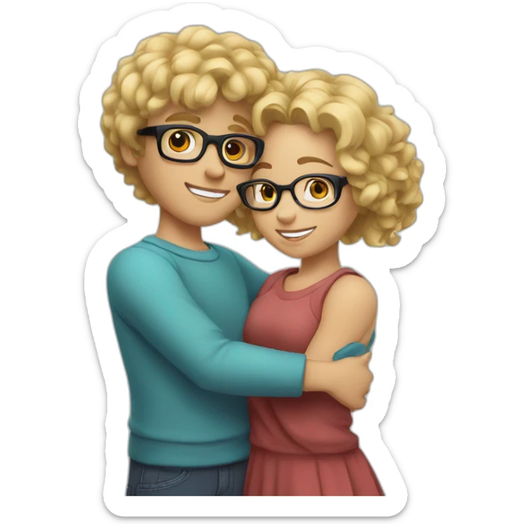 boy with curly blonde hair and glasses hugging girl with black hair and glasses sticker