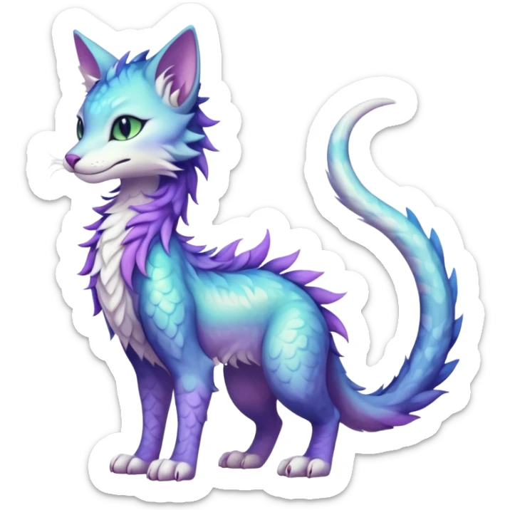 Kawaii iridescent beautiful pretty elegant divine edgy fantasy feline-vernid-sergal-fursona animal creature with a tufted tail full body with intricate markings  sticker