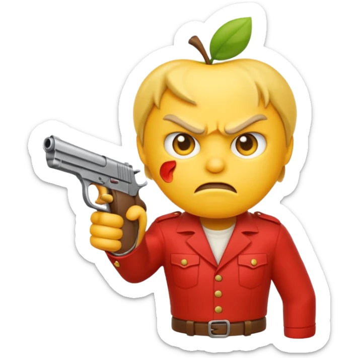 Create a classic yellow angry emoji holding a gun in hand, in the style of Apple emojis, with no background. sticker