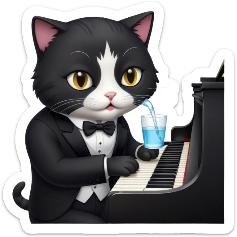 Um gato de terno preto tocando piano bebendo águaUm gato de terno preto tocando piano bebendo água sticker