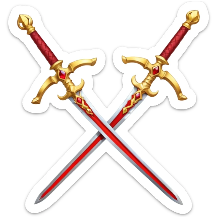 Two crossed swords that are golden in blade and handle and have fiery and royal appearence to them as well as red gem stones yellow in color sticker
