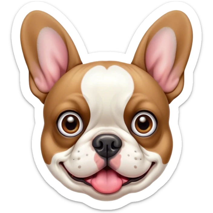 Cinematic Comical Pied French Bulldog Portrait Emoji, Head tilted with an exaggeratedly shocked, comical expression and wide, humorously expressive eyes, showcasing a distinctive pied fur of contrasting hues and a charmingly goofy face, simplified yet hilariously detailed, glowing with a sassy, playful radiance, high shine, exuding a mischievous and meme-worthy charm, styled with a soft glowing outline, capturing the essence of a Pied French Bulldog that looks ready to spark a viral laugh! sticker