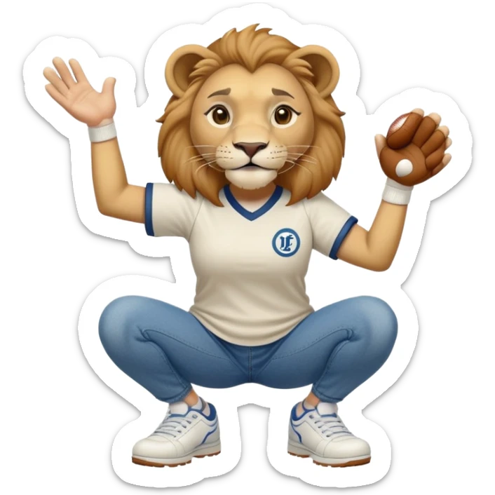 friendly anthropomorphised female lion wearing a baseball shirt, jeans, and trainers, in a squat position, lifting something up sticker