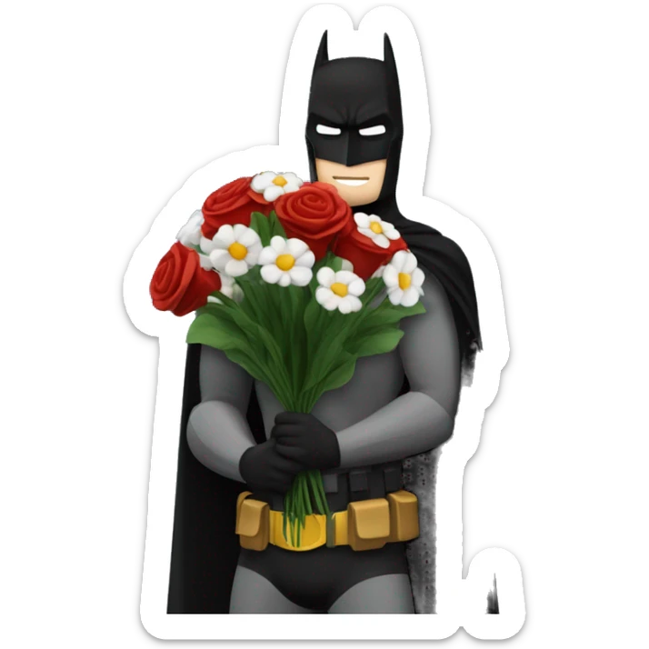 Batman holding a bouquet of white and red flowers in front of the night sky  sticker