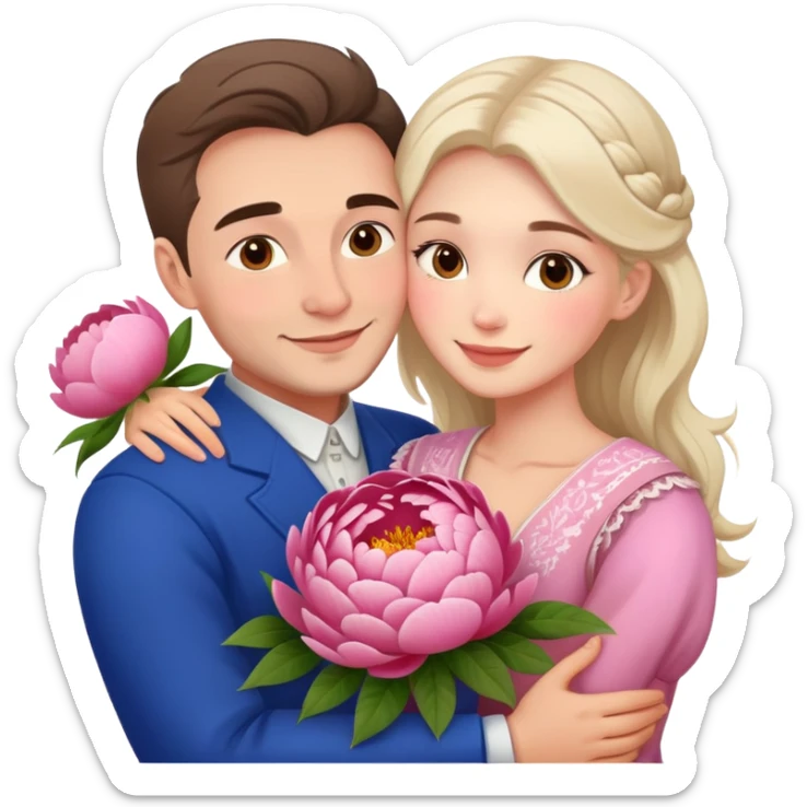 couple hug with warm smiles Ukrainian girl and russian man elegant peonies  sticker