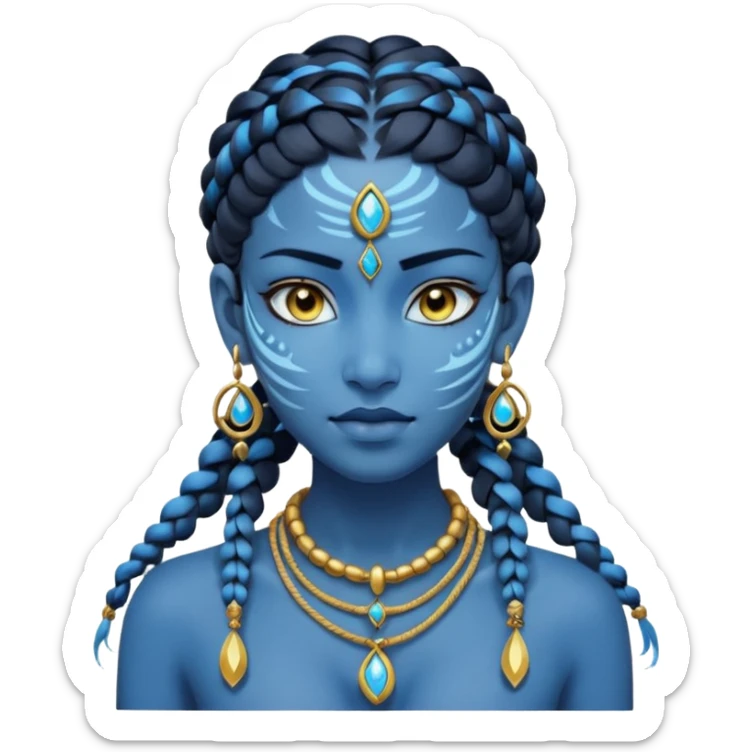 Illustrate a Pandora-style female avatar with radiant blue skin, intricate facial markings, twin braids flowing down, and deep luminous eyes. She wears golden earrings and a tribal rope necklace with a gem, her calm yet powerful gaze reflecting the spirit of the Na’vi. sticker