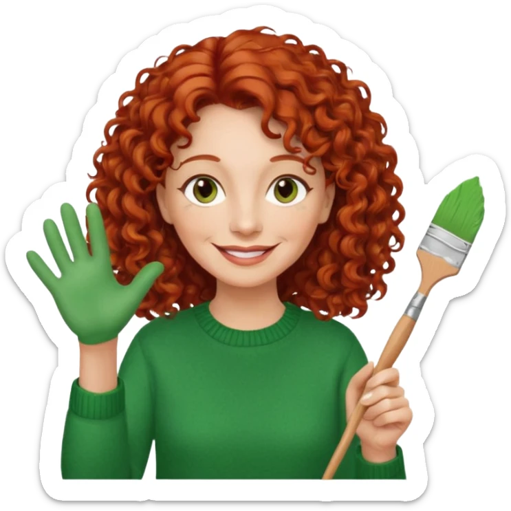 FEMME FRISÉ 60 ANS CHEVEUX ROUX FRISÉ SEMI LONG SOURIANTE AVEC CHANDAIL VERT YEUX BRUN ET UN PINCEAU À LA MAIN LA MAIN AVEC 5 DOIGT SEULEMENT  sticker