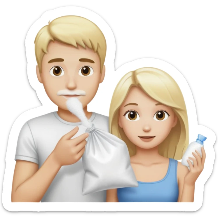 Blonde guy and blonde girl sharing a plastic bag of white powder sticker