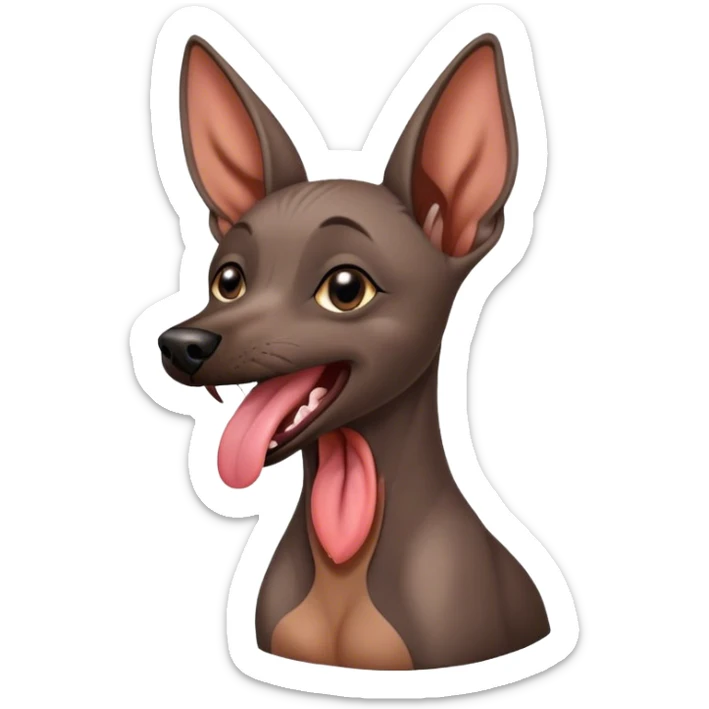 Cinematic Cute Yawning Xoloitzcuintle dog Portrait Emoji, Head tilted slightly with a dramatic, wide-open yawn, showcasing smooth, hairless ebony skin with gently relaxed wrinkles and floppy ears slightly drooping, round dark eyes barely open in drowsy contentment, Simplified yet irresistibly adorable features, highly detailed, glowing with a soft, cozy glow, high shine, relaxed yet expressive, stylized with a touch of whimsy, bright and endearing, soft glowing outline, capturing the essence of a sleepy yet affectionate guardian, so drowsy it feels like it could stretch out of the screen and curl up for a nap! sticker