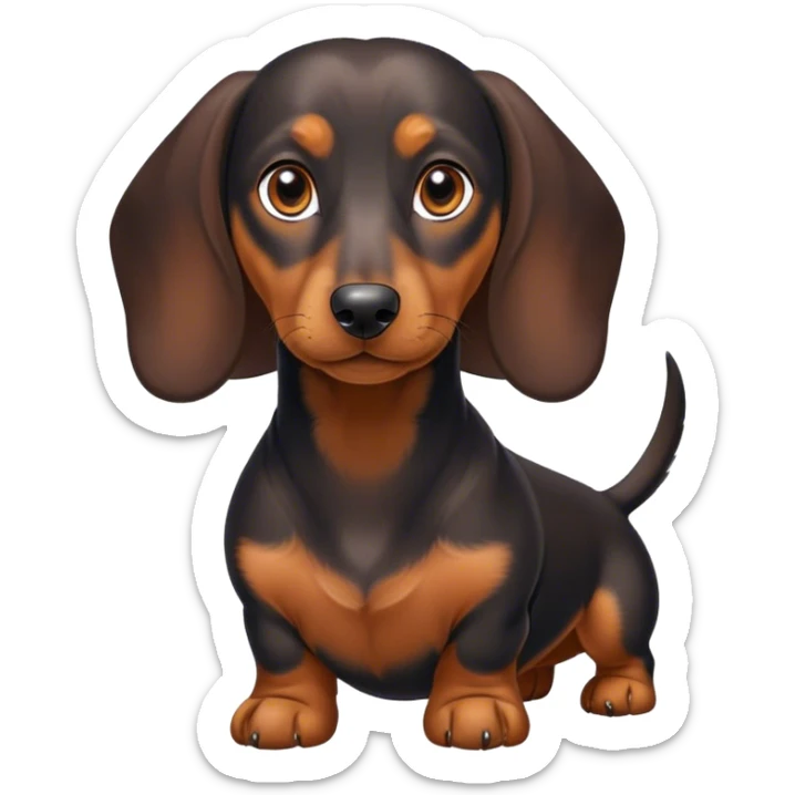 Cinematic Noble blablack and tanck and tan Dachshund Portrait Emoji, Poised and regal, with a long, low-slung build and a smooth, well-groomed black and tan coat, deep-set soulful brown eyes, Simplified yet sharp and sophisticated features, highly detailed, glowing with a soft, dignified glow, high shine, intelligent and determined, stylized with an air of charm, focused and attentive, soft glowing outline, capturing the essence of a watchful and confident companion, so majestic it feels as though it could slide out of the screen with effortless authority! sticker