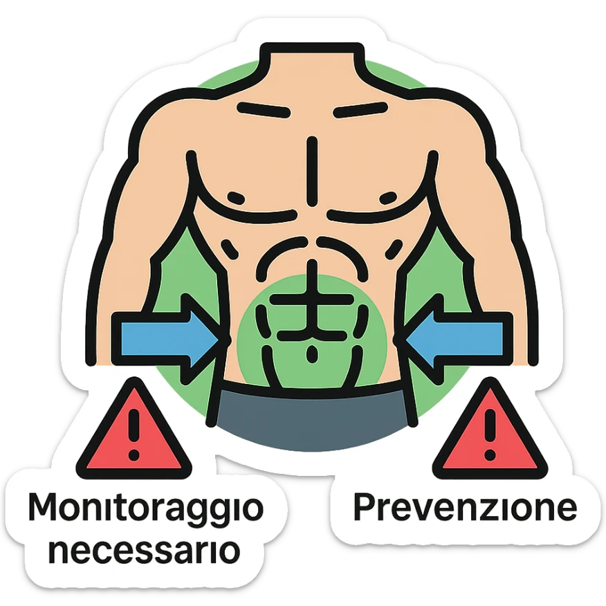 infografica in italiano, bodybuilder con zona bassa del busto evidenziata da alone verde, frecce che indicano Monitoraggio necessario e Prevenzione, icone di attenzione, stile medico, sfondo bianco sticker