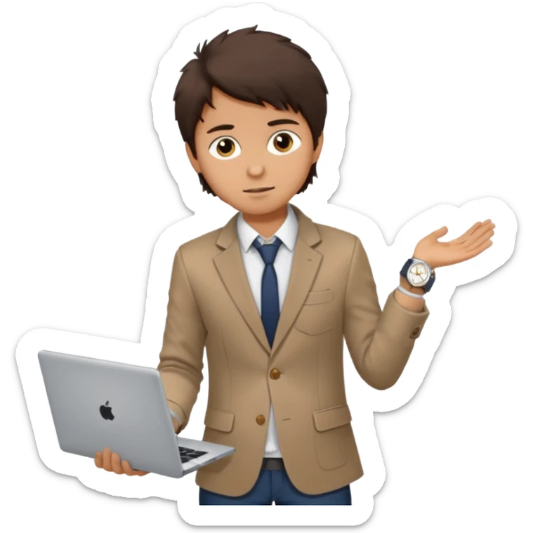 a tan boy with messy dark brown hair. Wearing a blazer and carrying a lapotop. watch on wrist sticker