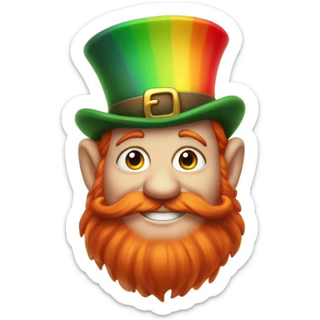 red-headed leprechaun with a rainbow behind him and pots of gold at the ends of the rainbows sticker