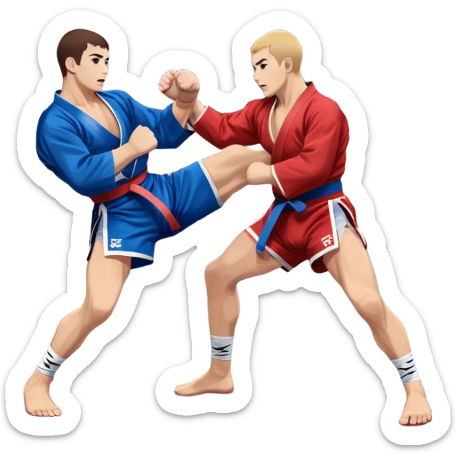 Two Sambo fighters in blue and red kimonos, with shorts and wrestling shoes, performing grappling and throwing techniques. The background shows a wrestling mat and an intense, focused atmosphere. Transparent background highlights the fluidity and skill of the sport without strikes. sticker