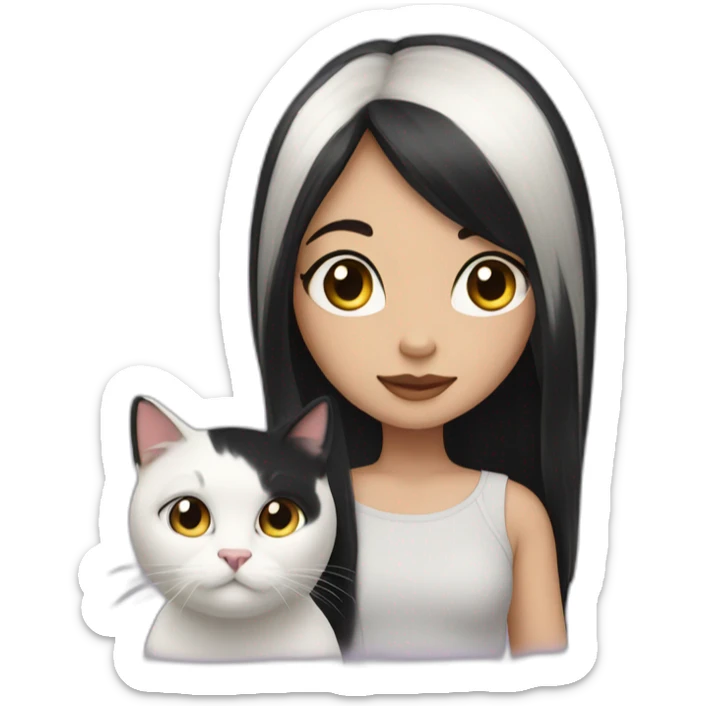 Girl with long black hair and oliva skin with her black and white cat sticker