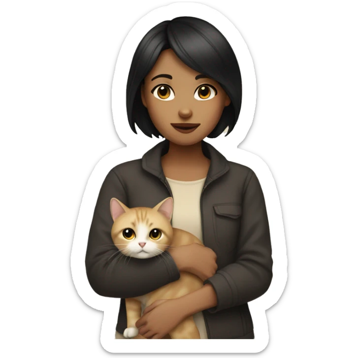 A girl with short black hair holding a beige cat sticker
