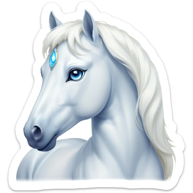Cinematic Elegant White Horse Portrait Emoji, Head held high with a serene, graceful gaze, showcasing a magnificent pure white fur with a radiant shimmer, flowing mane and tail, and luminous blue eyes that exude beauty and grace, Simplified yet majestically refined features, highly detailed, glowing with a soft, ethereal light, high shine, poised and breathtaking, stylized with an air of pure elegance, capturing the essence of a stunning and graceful steed, so beautiful it feels like it could gallop out of the screen with effortless charm! sticker