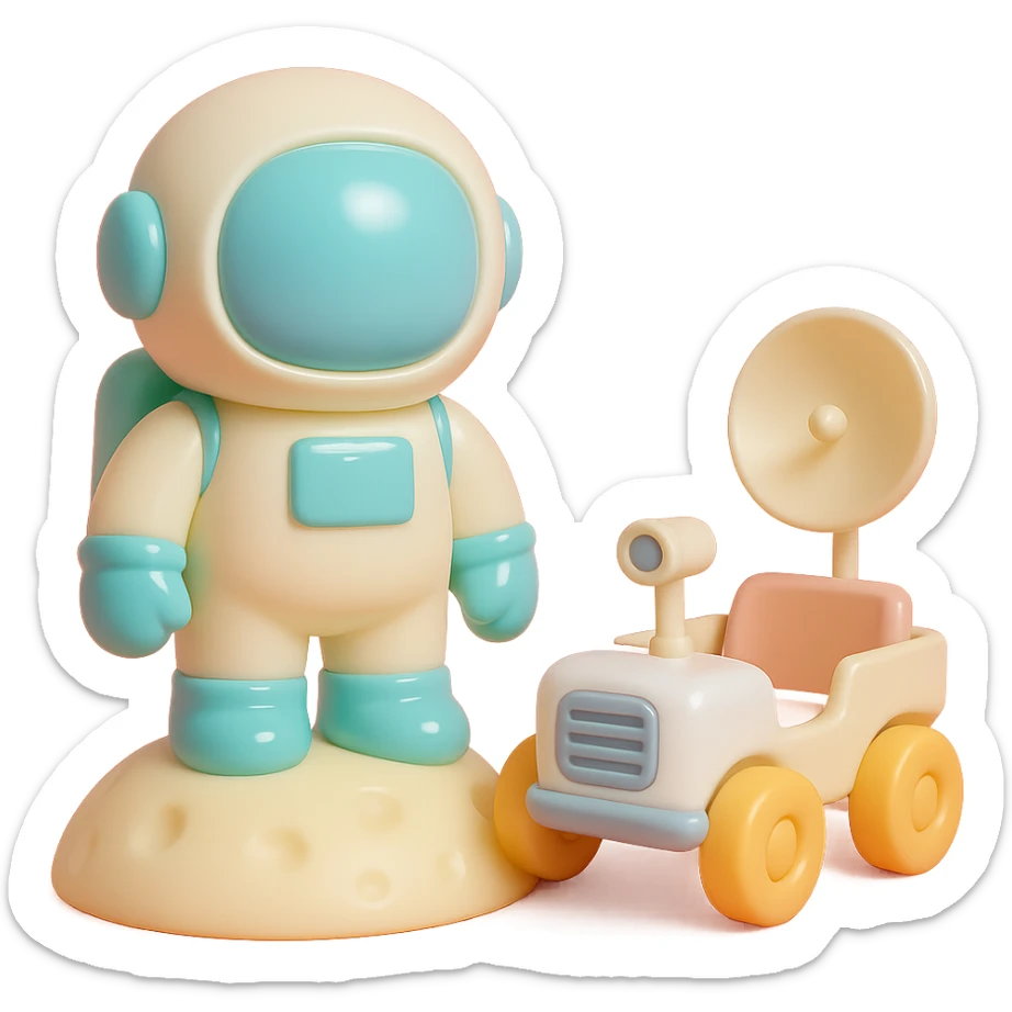 Add a detailed moon rover next to the vinyl figure style astronaut standing on the moon, keep the lunar surface details and original style sticker