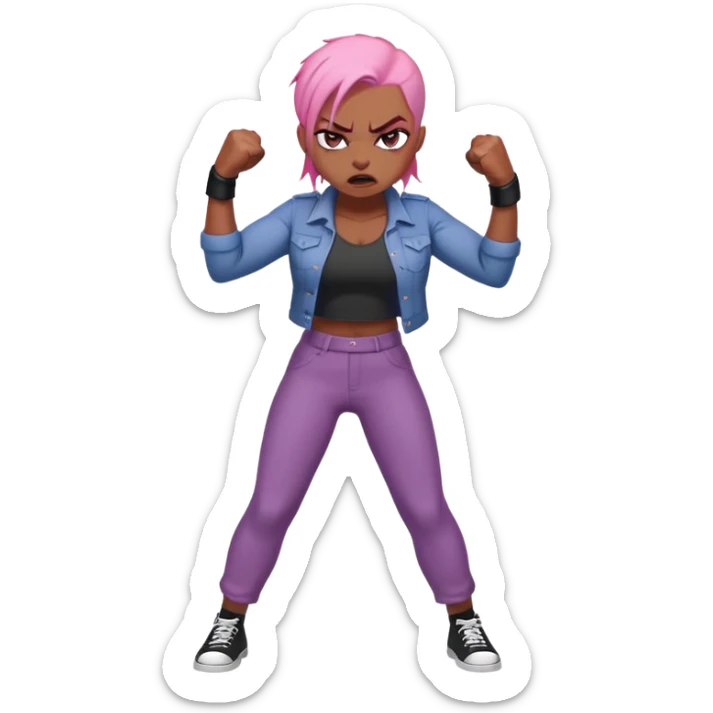 full body angry feminist with half bald head and half pink hair, extremely angry facial expression, fists clenched, aggressive stance sticker