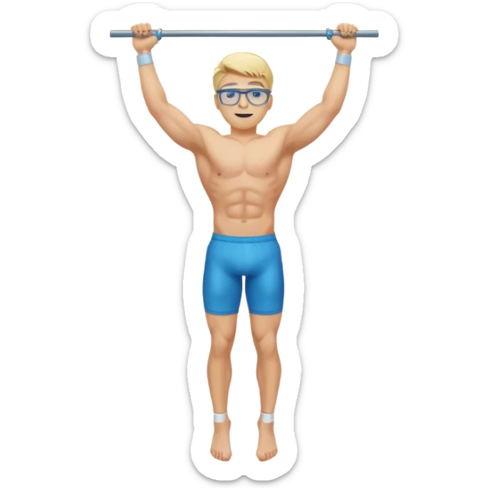 Generate an emoji-style illustration of a muscular blonde young man with blue eyes and transparent glasses, hanging from a pull-up bar. Show his full body from head to toe. Clean, modern emoji design with vibrant colors and simple background. sticker