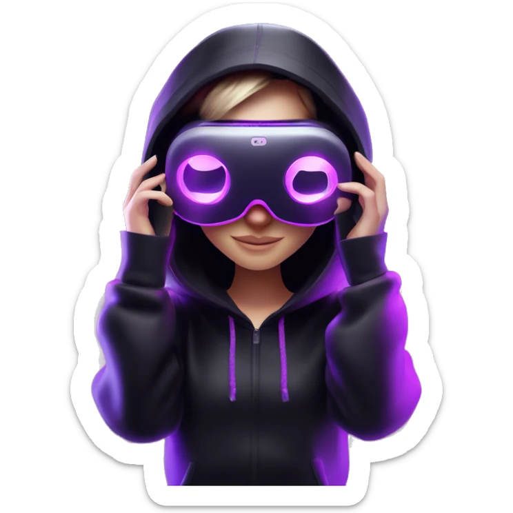 Russian girl wearing black hoody with violet letters "OMG", in vr headset oculus quest2. Dancing. Cyberpunk style. Violet neon. sticker