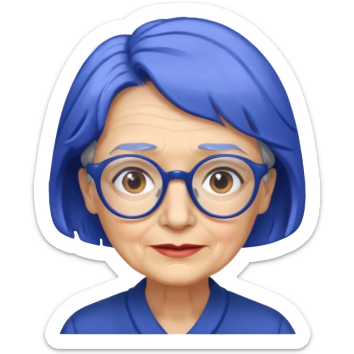 old lady with cobalt hair, wearing glasses, slight curl short hair, long face sticker