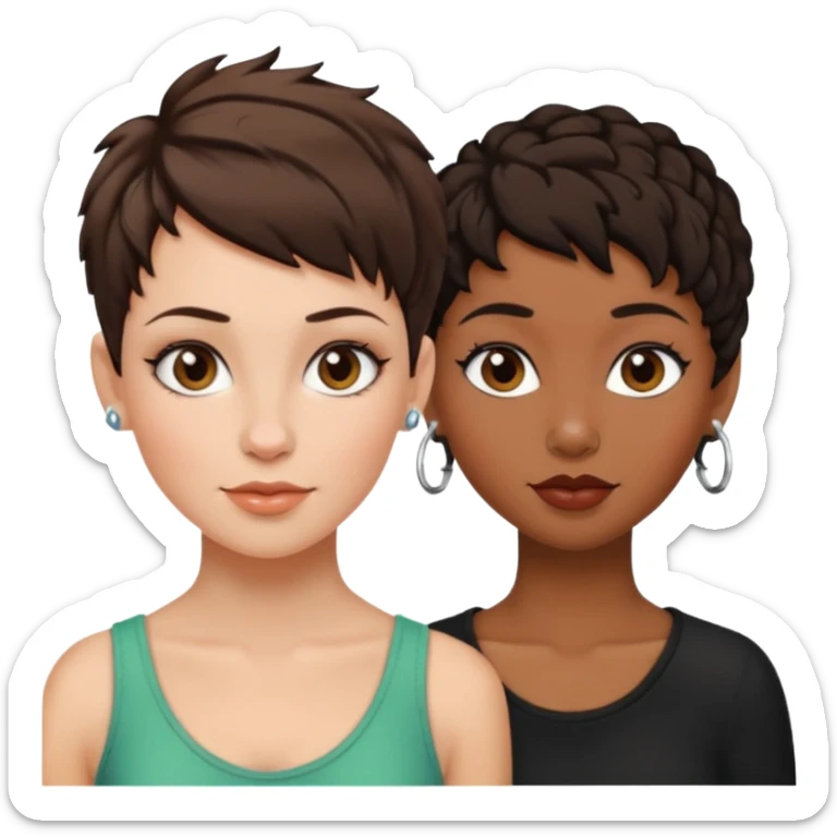 white woman brunette with a pixie hairstyle and black woman with locks and a piercing on the nose sticker