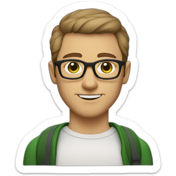 geek man with short haircut, green eyes color with armenian traits, short beard, white regular skin color and glasses sticker
