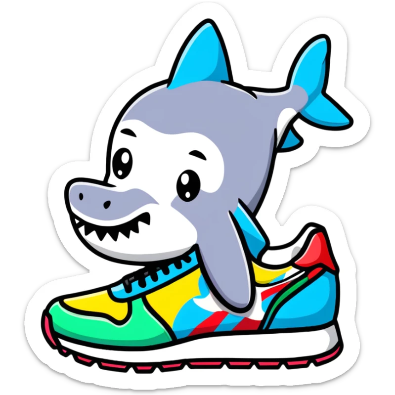 Colorful Bape sneaker with shark face design, bright colors, street style fashion sneaker sticker