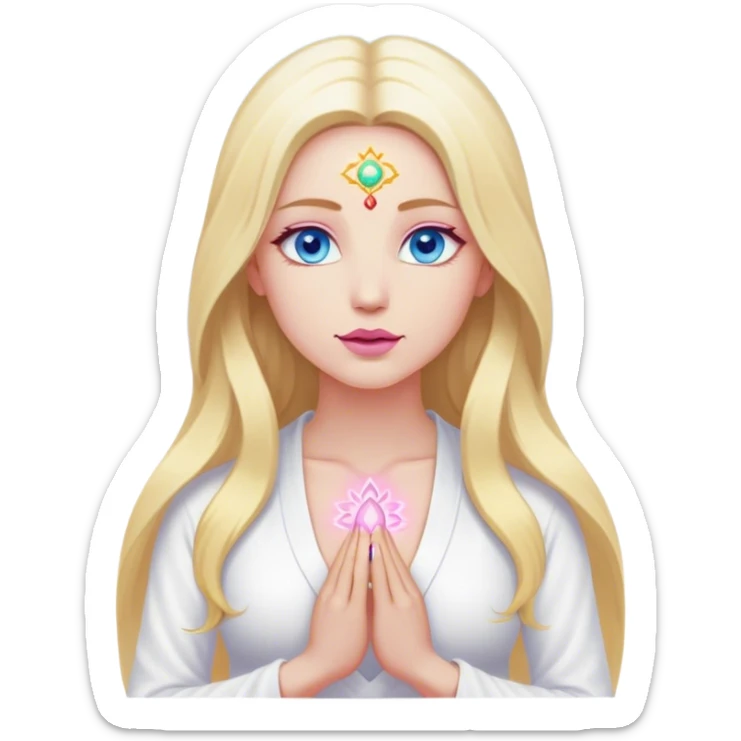 A cinematic realistic blonde with long hair, blue eyes, pink lips in white clothes meditates, her 7 chakras glow sticker