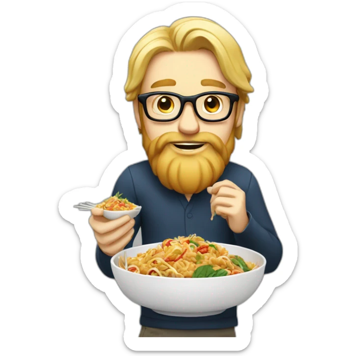 Tall long haired blonde man with beard and glasses eating thai food sticker