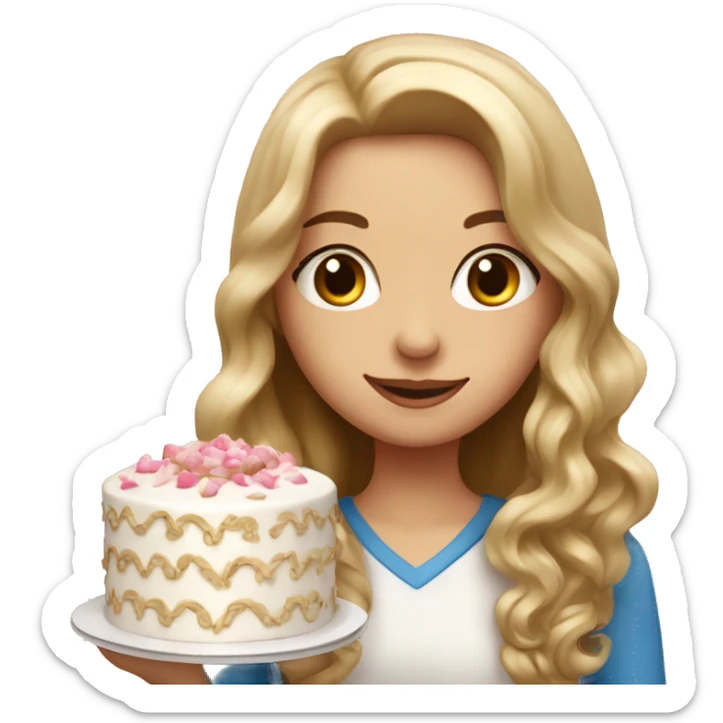 Russian girl with long blond wavy hair and girl with long brown straight hair together holding big white cake sticker