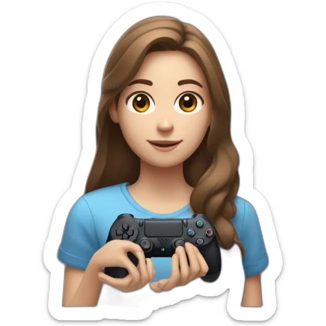 Caucasian Girl with long Brown hair holding the back of a playstation 4 controller looking at a screen sticker
