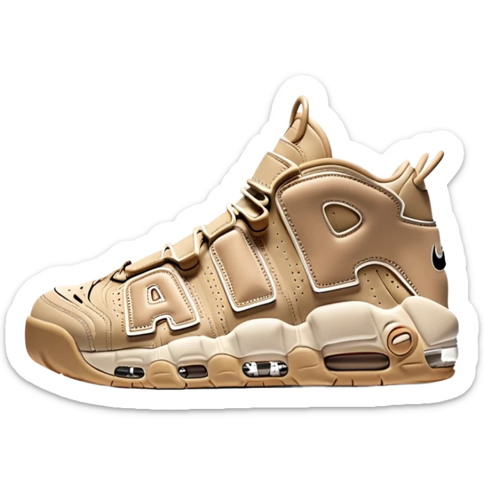 Beige colored Nike Air More Uptempo basketball sneakers with one sneaker positioned behind the other, featuring large AIR text on the sides sticker