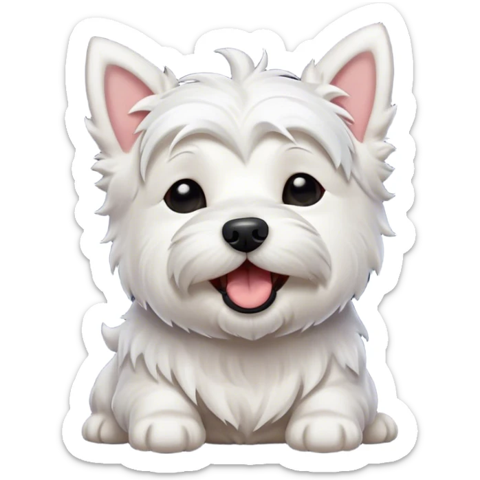 Cinematic Cute Yawning West Highland White Terrier Portrait Emoji, Head tilted slightly with a dramatic, wide-open yawn, showcasing a soft, fluffy white coat with floppy ears slightly drooping and round dark eyes barely open in drowsy contentment, Simplified yet irresistibly adorable features, highly detailed, glowing with a soft, cozy glow, high shine, relaxed yet expressive, stylized with a touch of whimsy, bright and endearing, soft glowing outline, capturing the essence of a sleepy yet affectionate companion, so drowsy it feels like it could stretch out of the screen and curl up for a nap! sticker