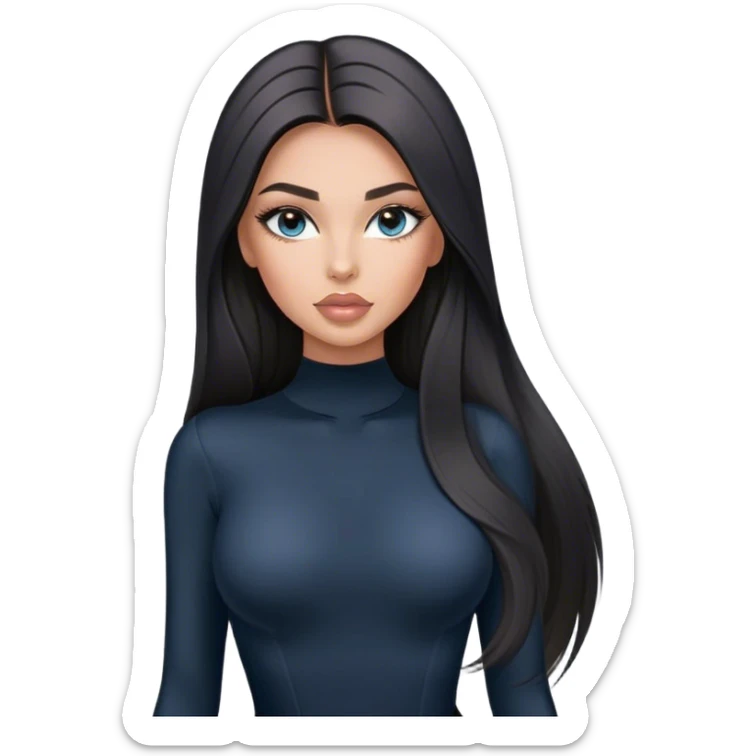 Glamours, tanned, very beautiful girl, with big pump peach-beige-rose lips, long long lashes, black straight smooth silky long hair, straight parting hair, blue-grey eyes in black long-sleeves bodysuit sticker