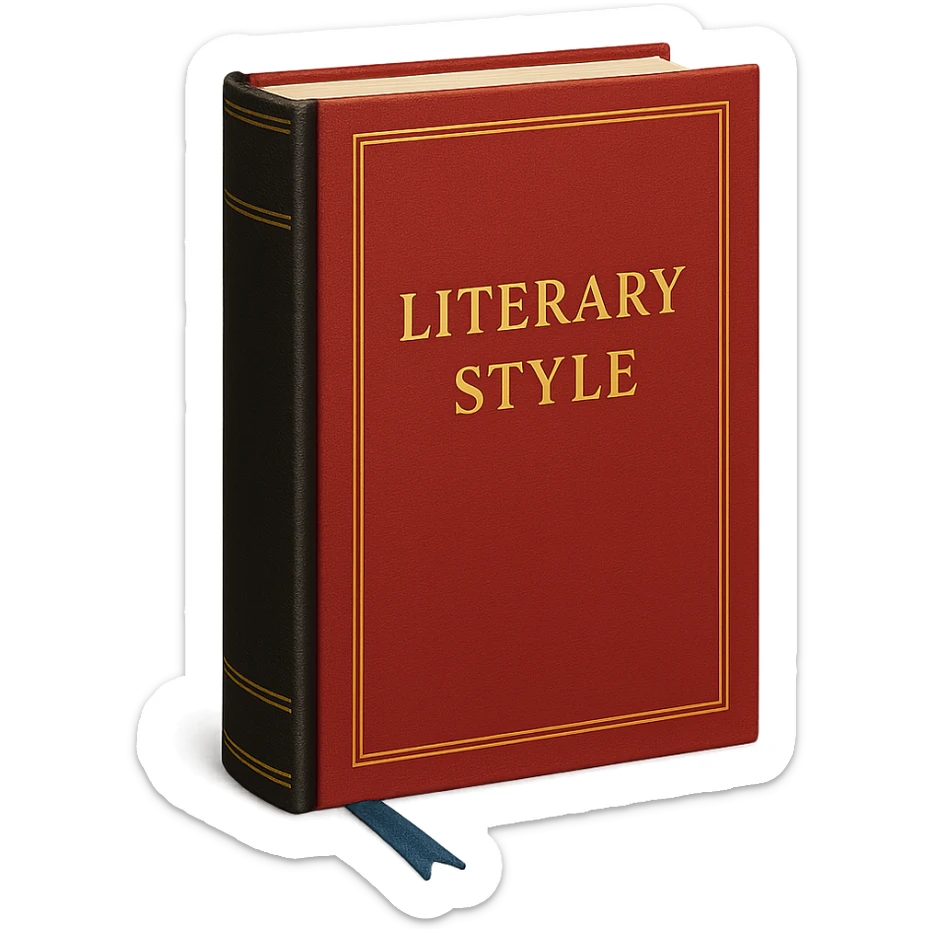 Book with red cover, gold lettering, black spine, blue bookmark, elegant literary style sticker