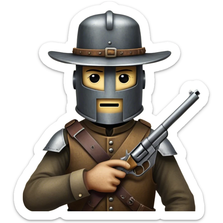 Cinematic Realistic Ned Kelly Portrait Emoji, depicted as the legendary Australian bushranger in his iconic homemade iron helmet and armor, gripping a revolver with a defiant stance. The scene is rendered with gritty textures and dramatic, shadowed lighting, evoking the lawless frontier and his rebellious, fearless legacy. sticker