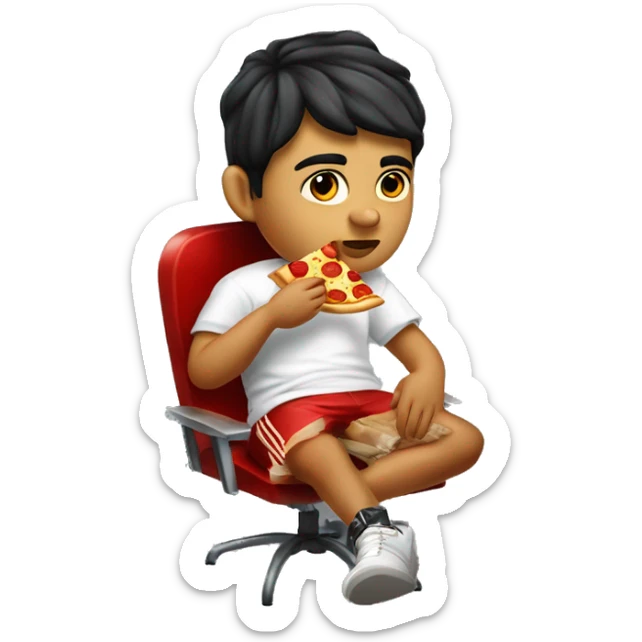 short hair mexican pale teen 13 years old with a chuncky weight eating a pizza wearing proclub dressed like a california gangster sitting on a metal party chair sticker