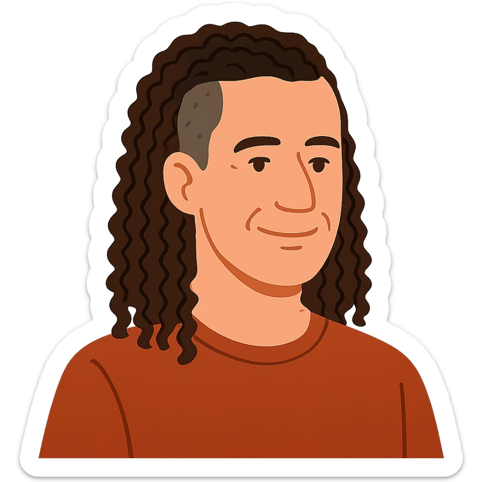 flat toon style white man in his 40s with long tight curly hair and short sides sticker