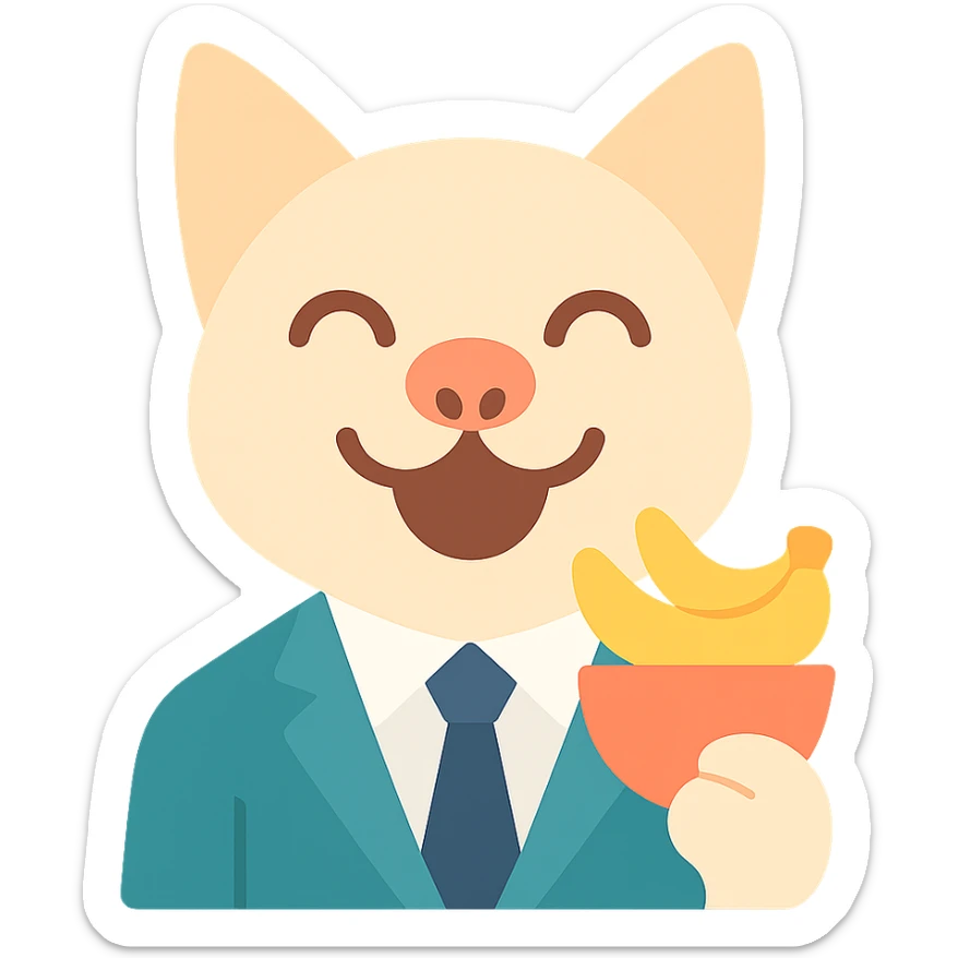 cat with a dog nose, wearing a suit, earring, holding a cup of bananas, playful expression sticker