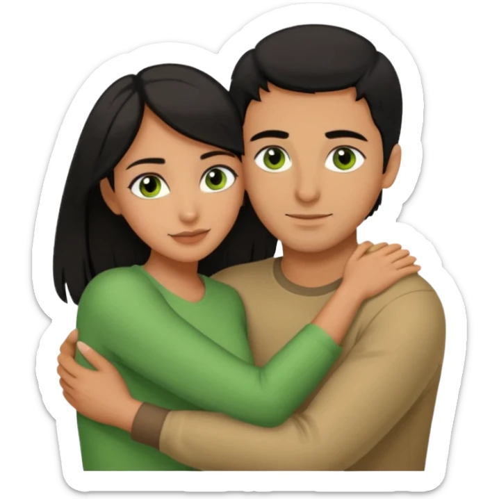 Woman  with brown eyes and black hair hugging a man with green eyes and brown hair sticker