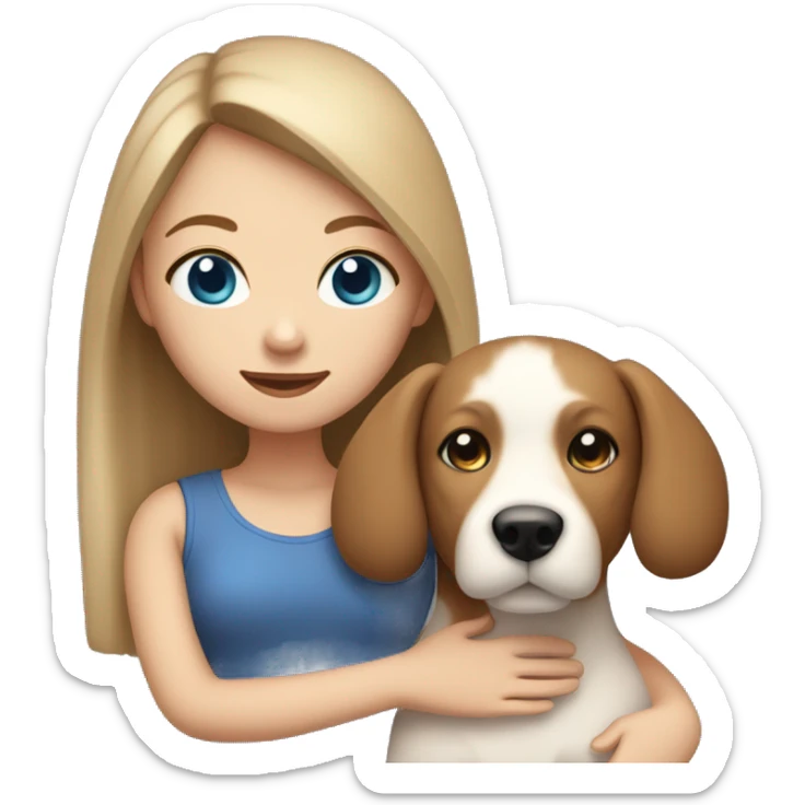 A girl with white skin, light brown hair and blue eyes holding her dog, a small Maltaneese sticker
