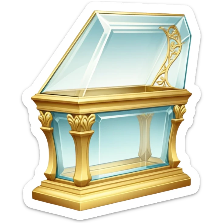 A delicate glass coffin with golden trim, resting on an ornate pedestal. Soft light reflects off the glass, adding an ethereal, fairy-tale glow sticker