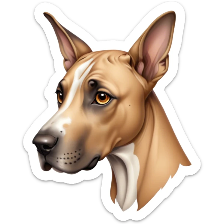 Cinematic Noble Fawn Great Dane Portrait Emoji, Poised and regal, with a towering, muscular build and a sleek, well-groomed solid fawn Fur accented by subtle dark markings, deep-set soulful amber eyes, Simplified yet sharp and sophisticated features, highly detailed, glowing with a soft, dignified glow, high shine, intelligent and gentle, stylized with an air of majesty, focused and attentive, soft glowing outline, capturing the essence of a watchful and confident guardian, so majestic it feels as though it could stride out of the screen with effortless authority! sticker