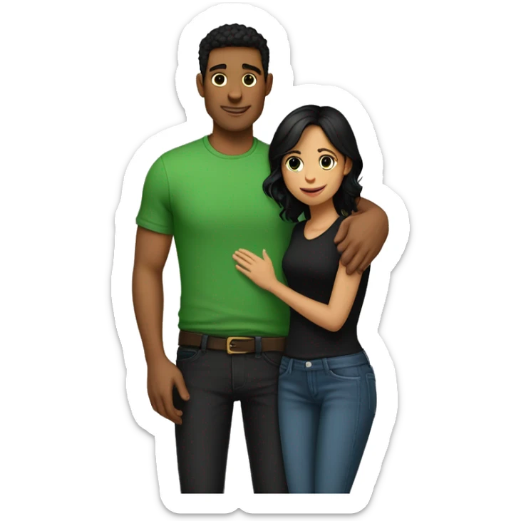 tall guy wearing green shirt and black jeans hugging a shorter girl with blue jeans and black shirt with black hair and light tan  sticker