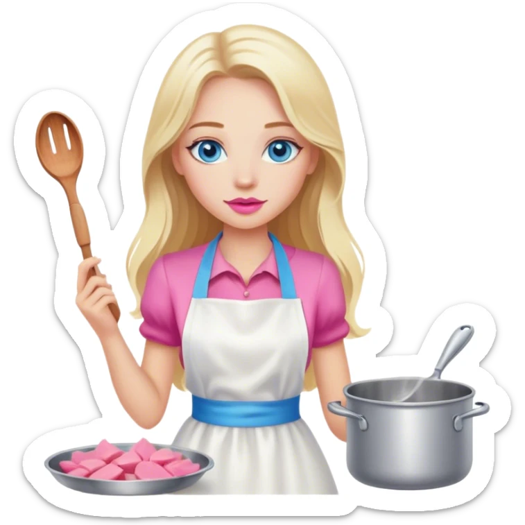 Cinematic realistic beautiful blonde with long hair, blue eyes and pink lips in a white dress cooks sticker
